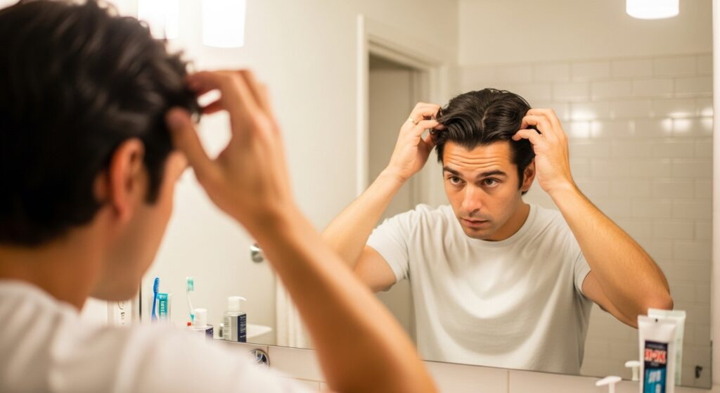 Middle part haircut men casual style mirror