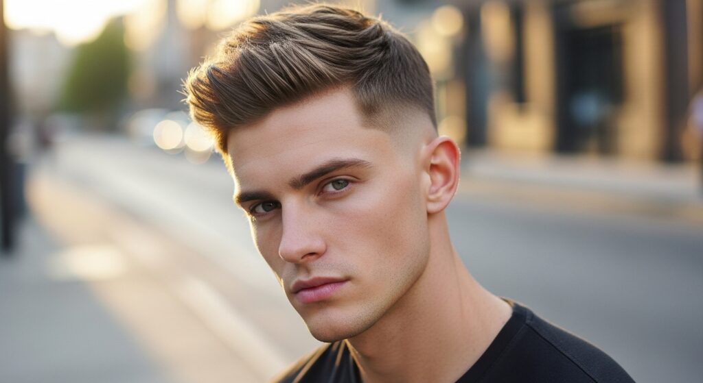 textured crop hairstyle with skin fade)
