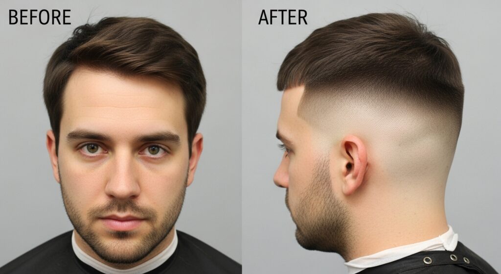 after and before of a mid skin fade haircut)