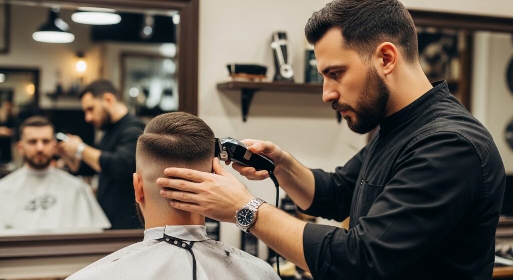 Barber using clippers to make a line up haircut with sharp edges.
