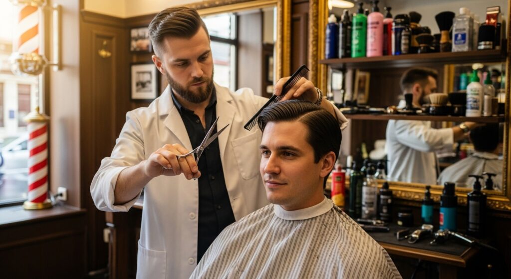 Barber working on men's stylish middle part haircut"
