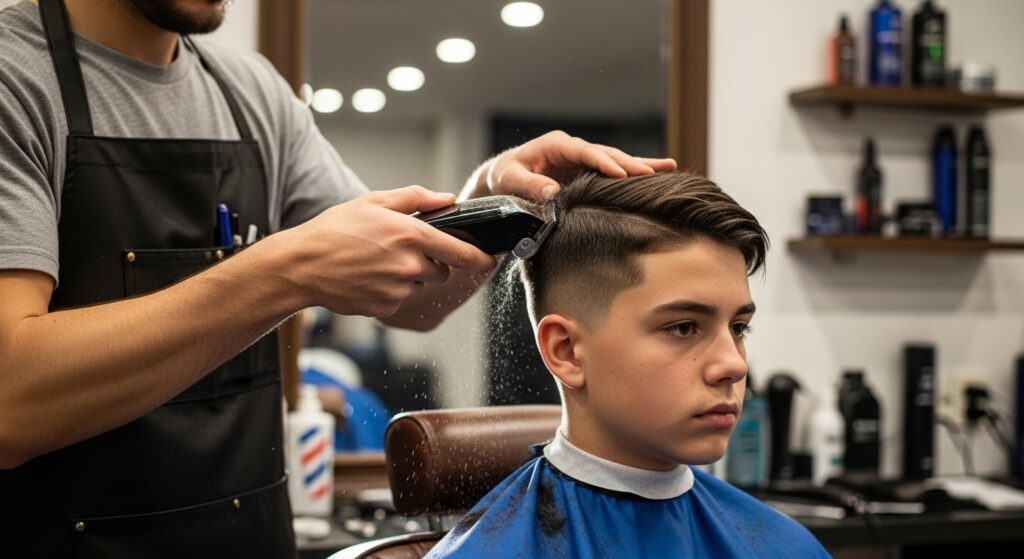 A barber is mid fade clippers in action, cutting a teen boy's hair.