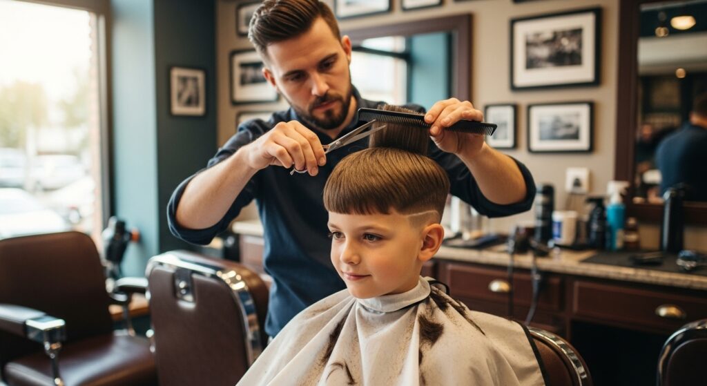 The barber is reshaping the boy’s hair to the get the ice cream scoop haircut.