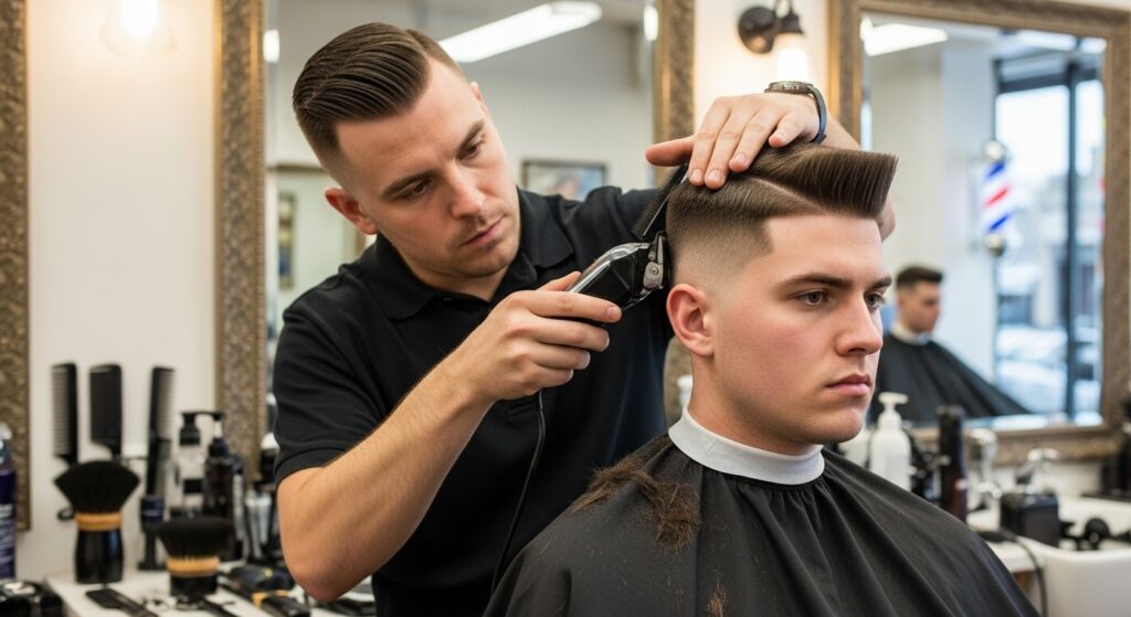 Barber carefully shaping flat top haircut with clippers.