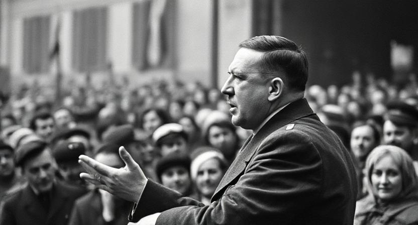 Adolf Hitler with his iconic haircut during a speech