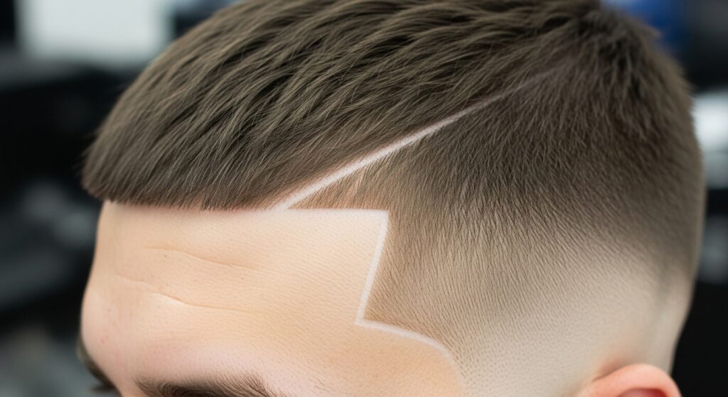 A mid fade with a temple line up that is sharp.