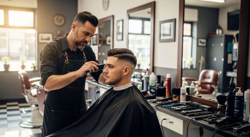Man receiving haircut at a professional barbershop.