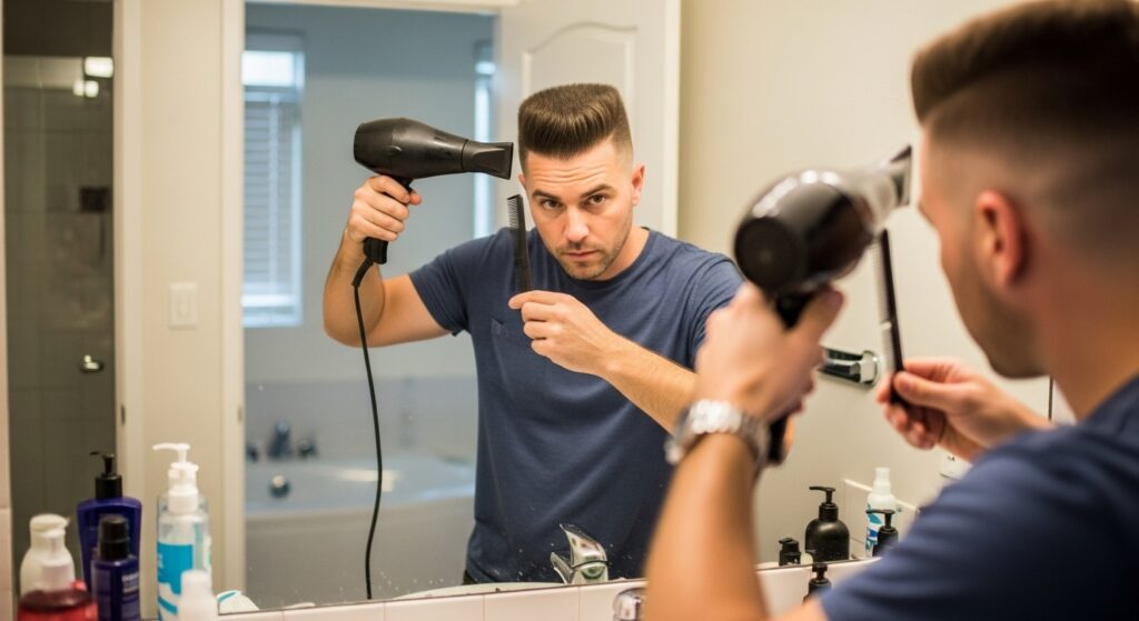 Man styling flat top haircut with blow dryer and comb.