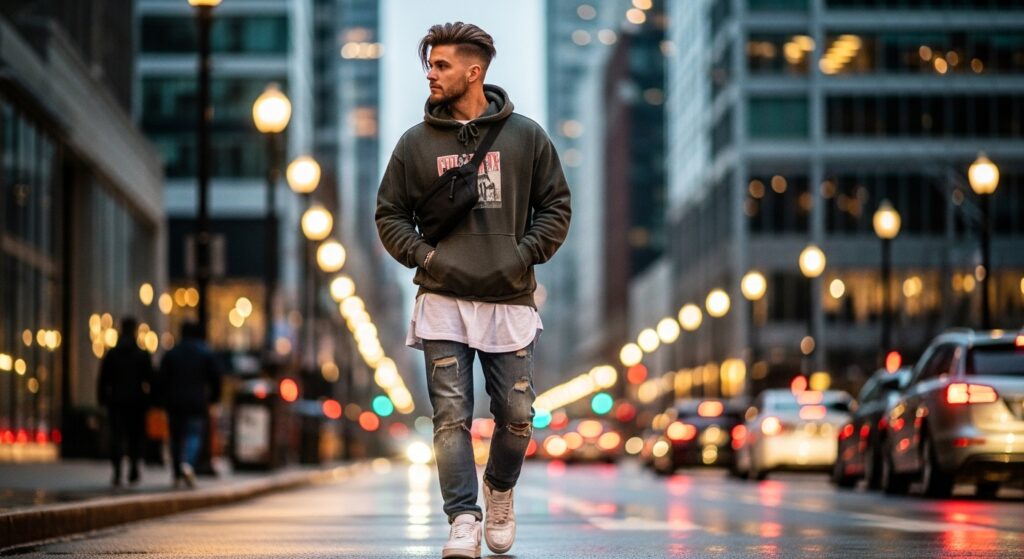 Man with brush up hairstyle in casual streetwear.