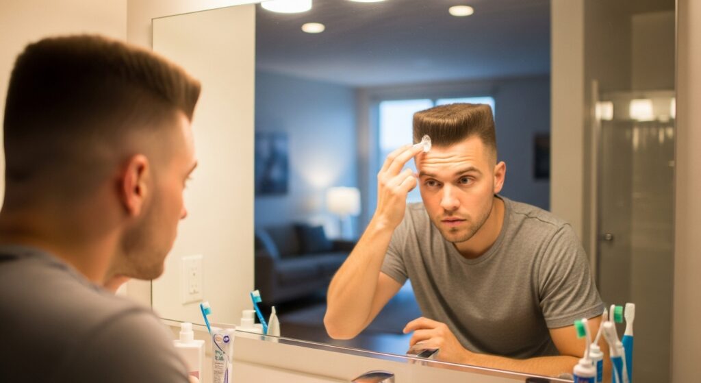 Man by mirror applying hair cream to maintain healthy flat top haircut.