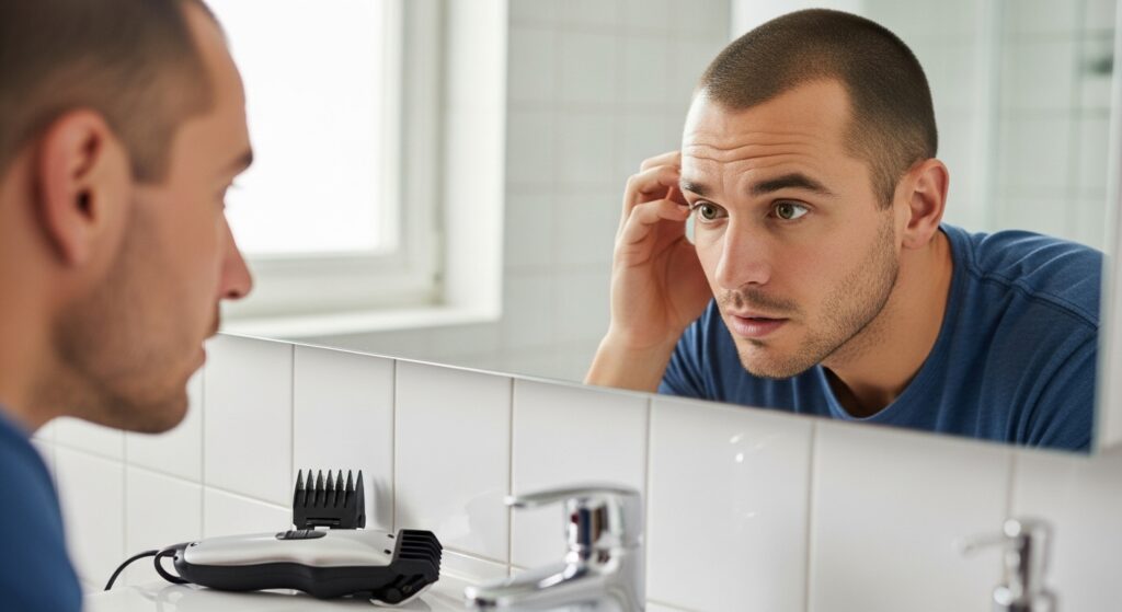man keeping haircut at home with clippers)