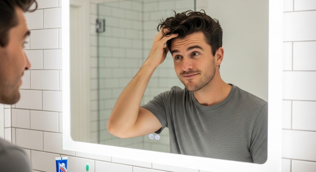 "man styling perm haircut in mirror