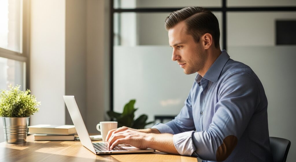 Professional man with a clean hairstyle working on a laptop