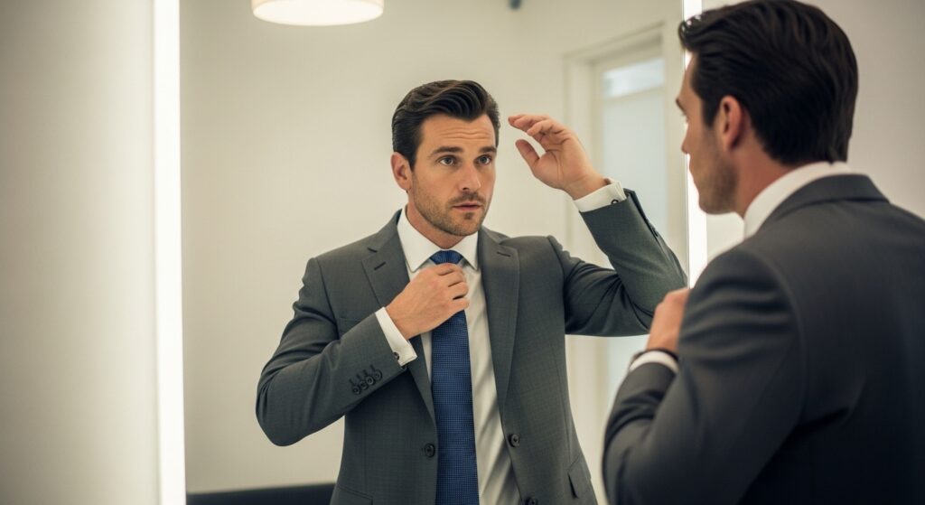 A professional man changes his hairstyle in front of the mirror.