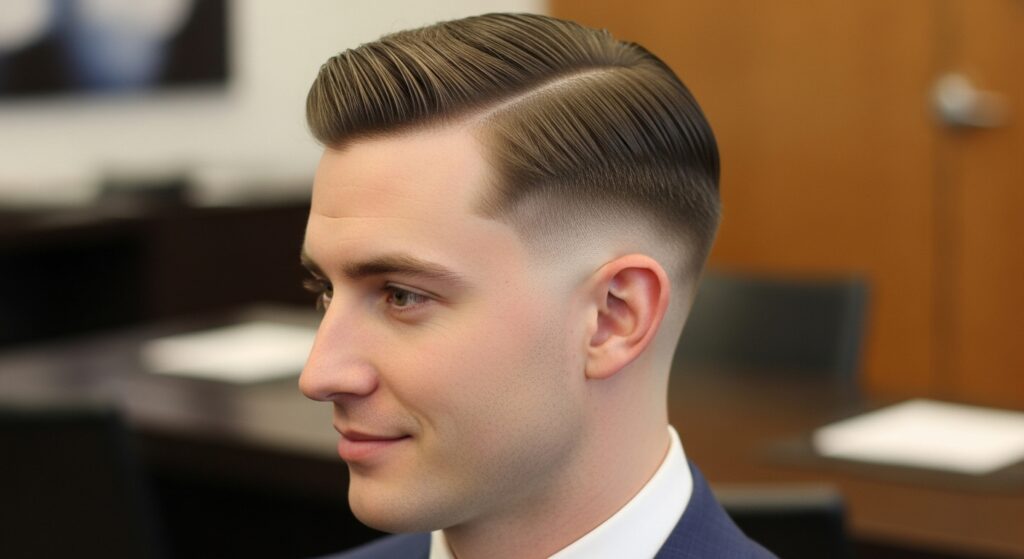 Side parted undercut with taper, medium length top swept to the side with smooth fade transition