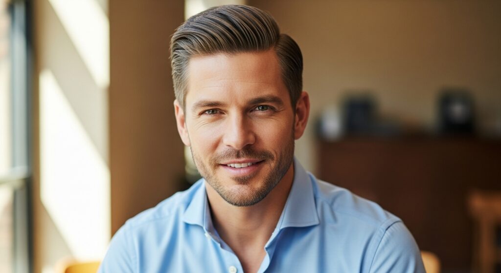 Medium length hairstyle men styled for work