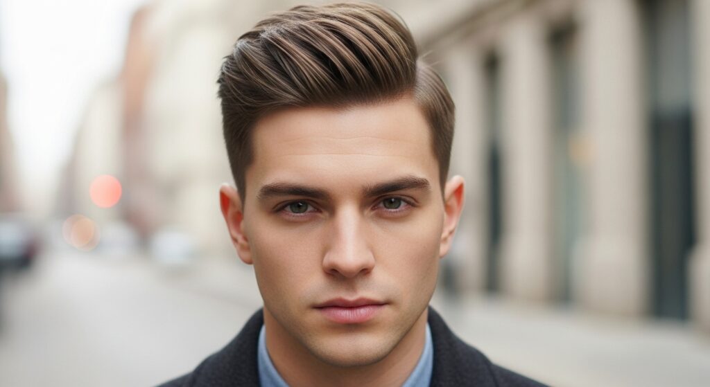 Medium length undercut hairstyle with sharp side part and voluminous top paired with short sides