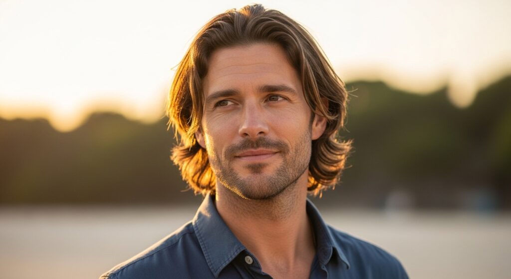 Modern men’s middle part haircut with natural texture”
