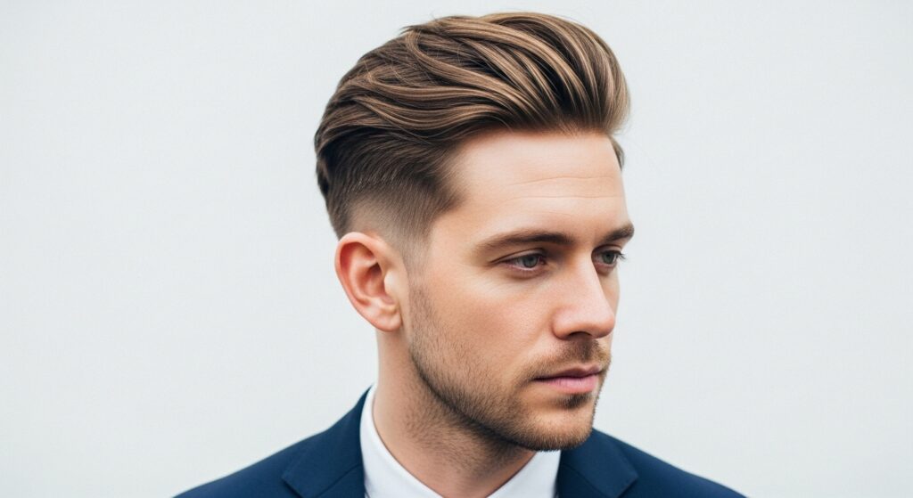 Man with messy side swept undercut hairstyle, medium-length top styled casually with short cropped sides