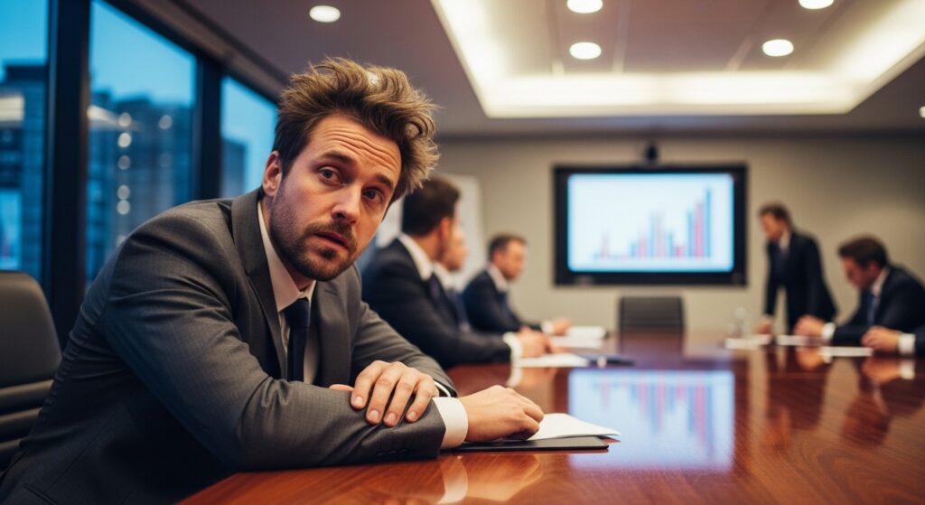 Businessman with a messy hairstyle in a formal setting.