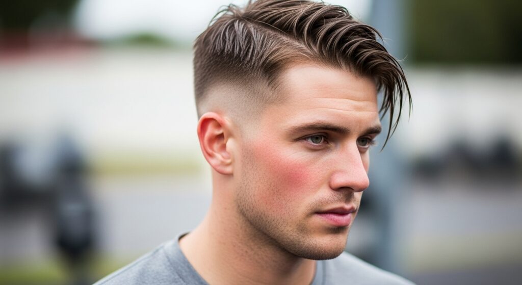 Short side swept undercut hairstyle, low-maintenance look with short top and faded sides