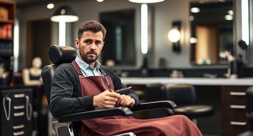 Barber hesitating before giving a Hitler-style haircut.”