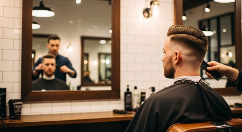 Man sitting in the barbershop chair with a new flat top haircut.