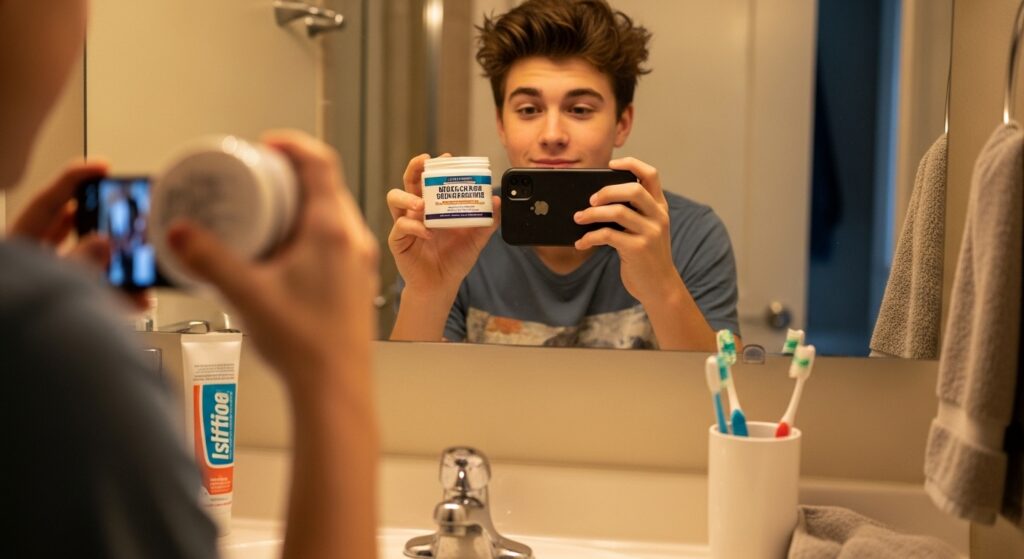 A teen boy holding a hair product jar in the bathroom, mirror selfie, casual morning routine.
