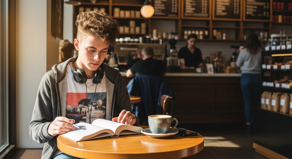 A teen boy with a curly textured top is sitting in a coffee shop. He has his headphones around his neck.