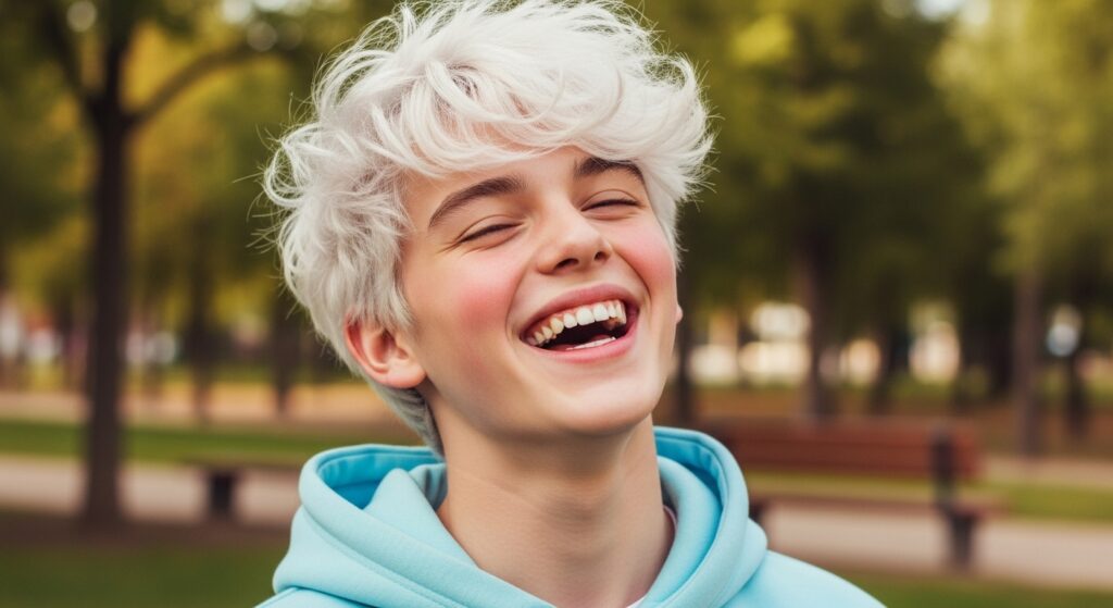 Teen boy with fluffy ice cream haircut grinning.