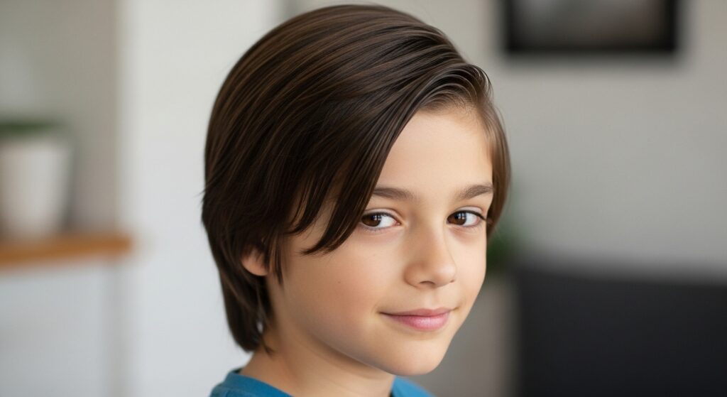 Image Idea:
A young boy with medium-length hair, side-swept neatly with a little gel for hold. The hairstyle looks tidy, manageable, and age-appropriate, giving an orderly look without being too mature.

Alt Tag:
"Boy with medium side swept haircut styled neatly with gel for a clean and simple look"