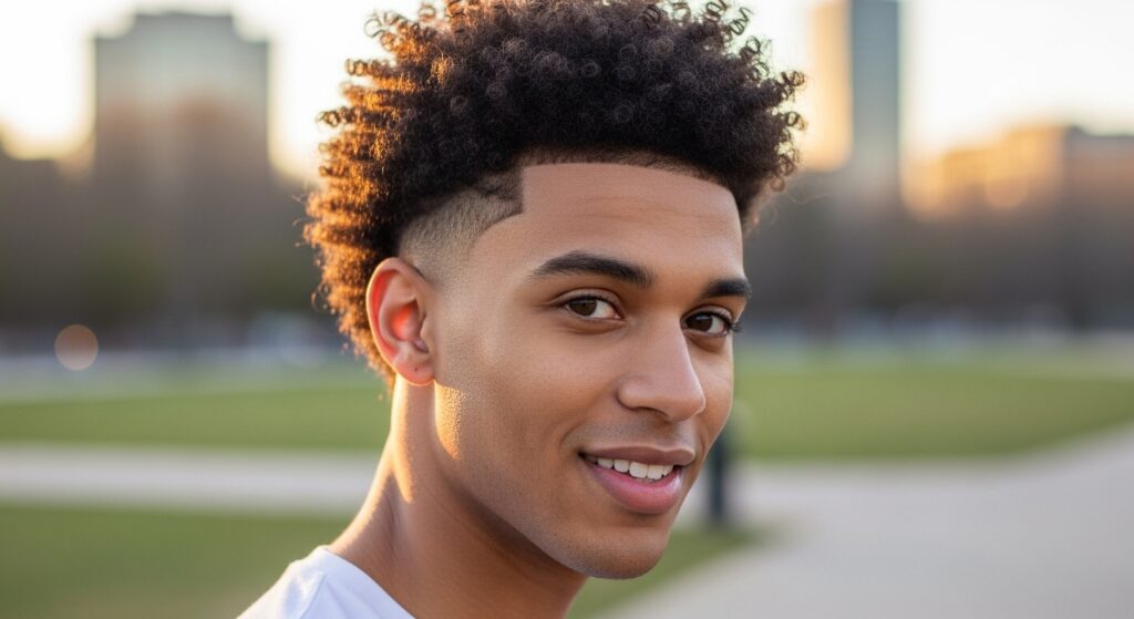 Afro hairstyle with sharp forehead line up.