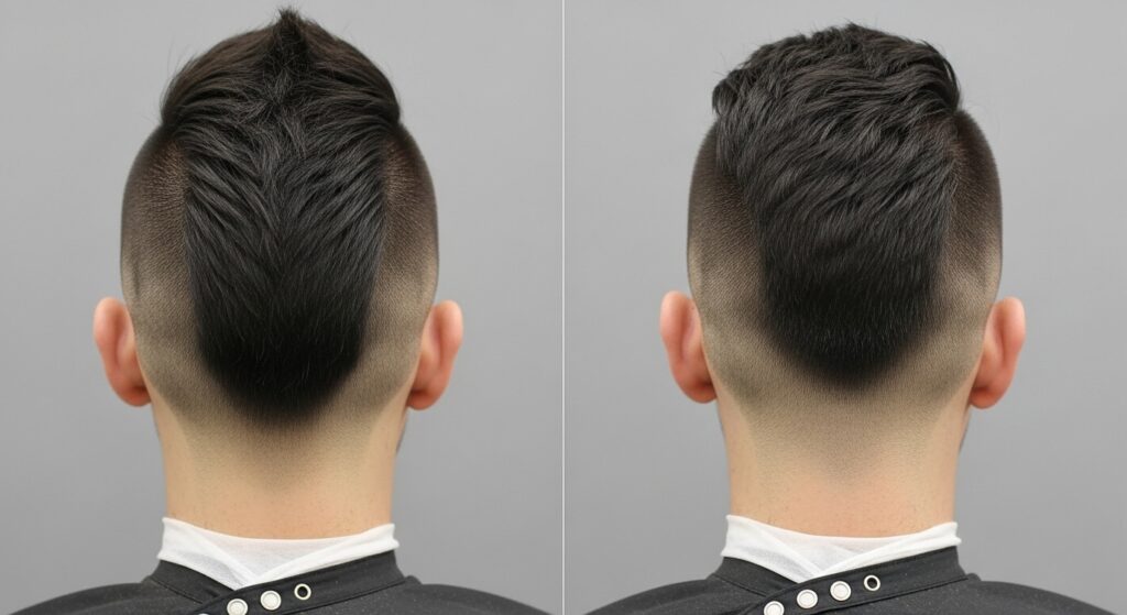 Image idea: Back view comparison of tapered faux hawk vs faded faux hawk.

 Alt text: Back view of taper faux hawk compared with faux hawk fade.