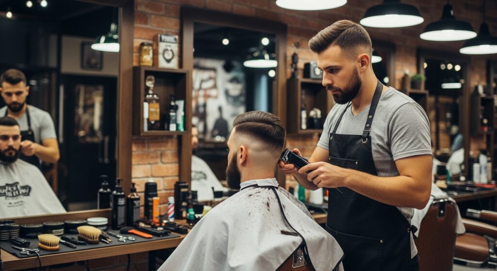 Barber working on modern fade haircut inspired by Viking look