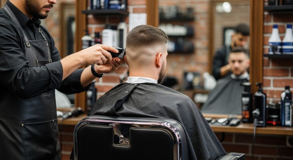 Man in barbershop chair during fade haircut