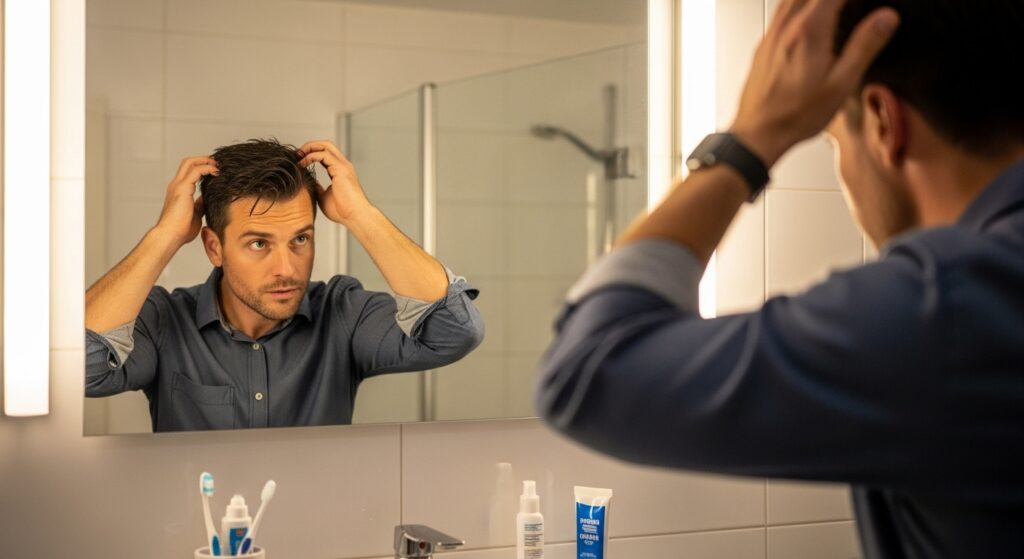 Man fixing his hair while looking at the mirror before going to the office
