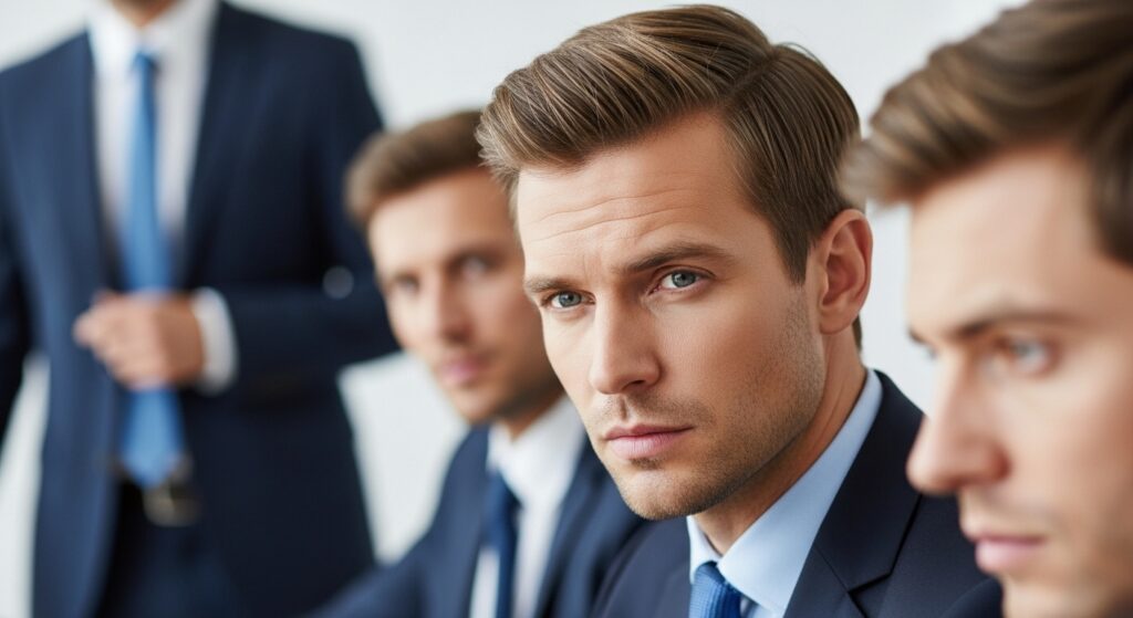 Business meeting with professional hairstyles in focus.