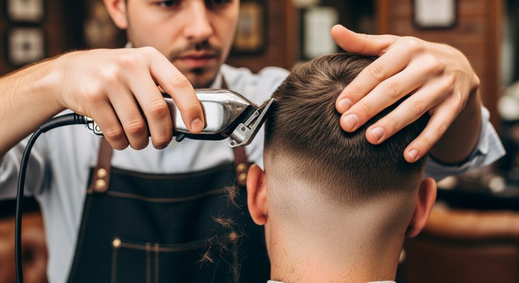 Barber blending a fade haircut with clippers