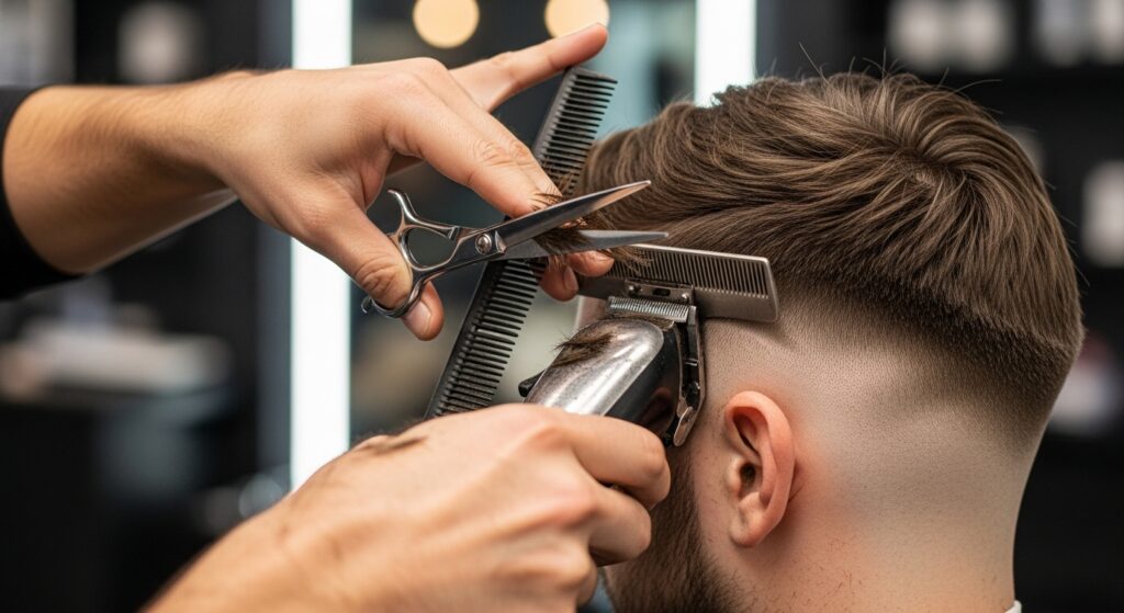 Image idea:

Alt: "Close up of a barber using scissors and clippers to perform a textured crop haircut."