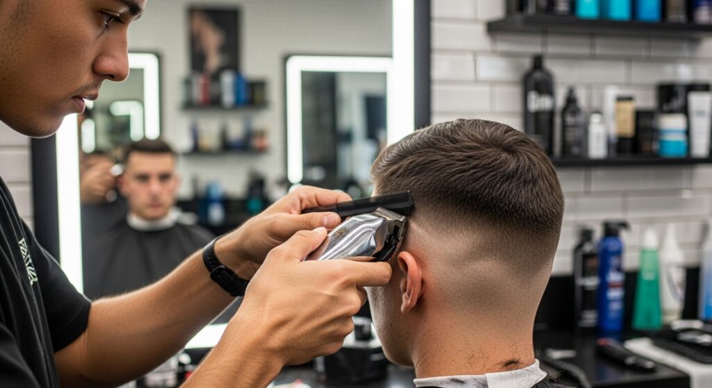 man fading his hair with clippers at home)