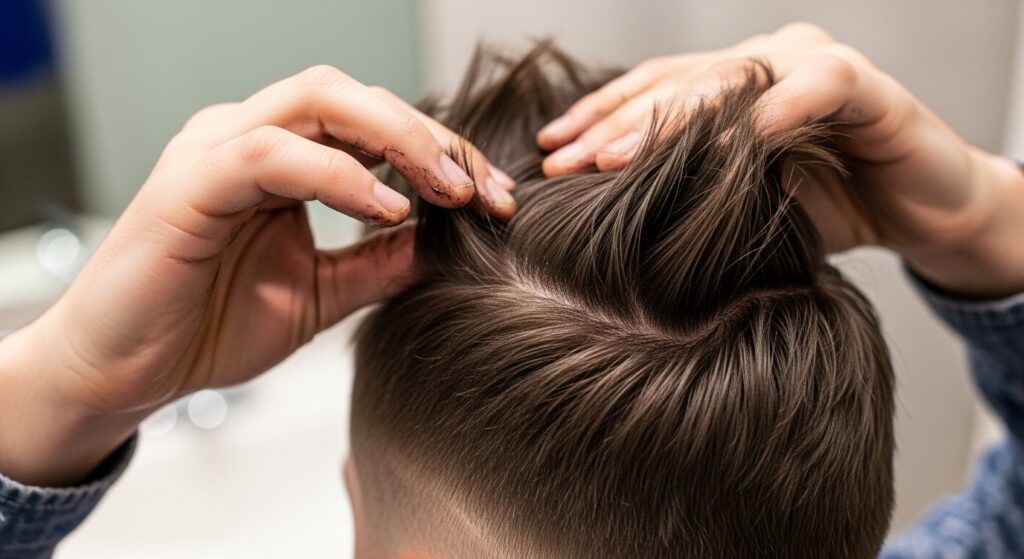 Man applying matte pomade to style faux hawk haircut.