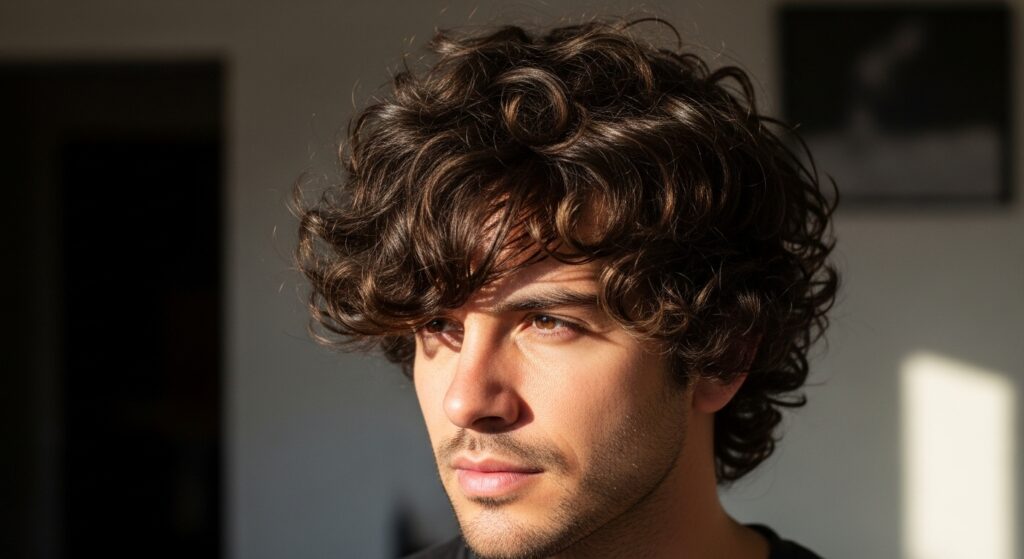 Image idea 1: Close-up of layered curly wolf cut with bangs.

Alt tag: woman with curly wolf cut and layered bangs