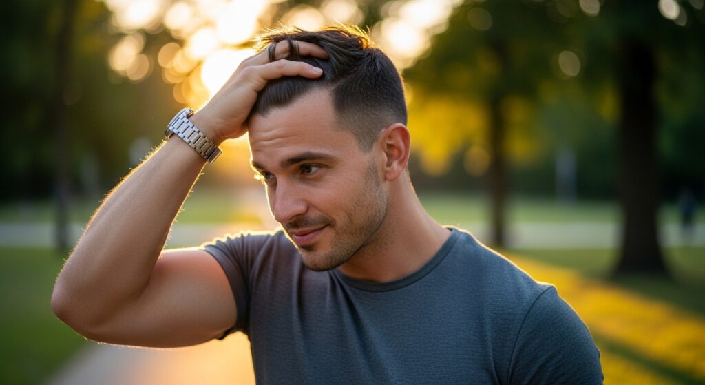 man with high and tight haircut feeling confident
