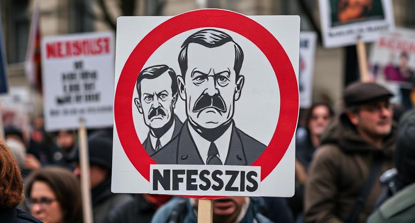 Parody sign held by a protestor at modern anti-fascist rally mocking Hitler’s haircut and mustache