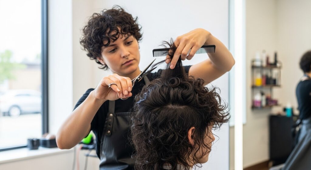 Image concept 6: Hairstylist giving a haircut by trimming curly wolf cut layers. Alt tag: hairstylist trimming curly hair of wolf cut layers