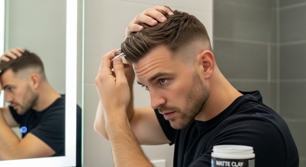 Image idea:

Alt: "Man applying matte clay to short textured crop haircut"