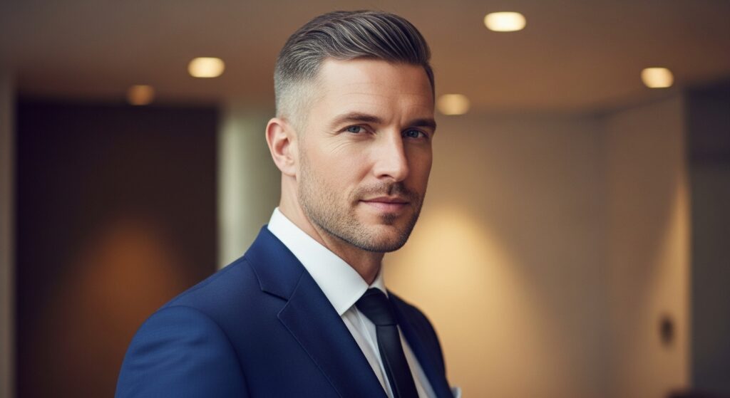 professional high and tight haircut with suit