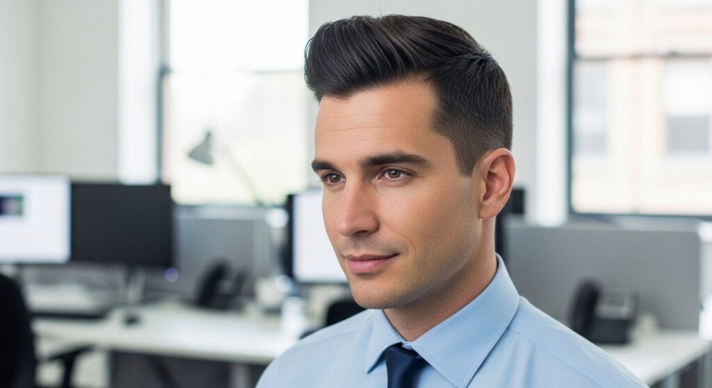 Professional man with subtle faux hawk haircut at work.