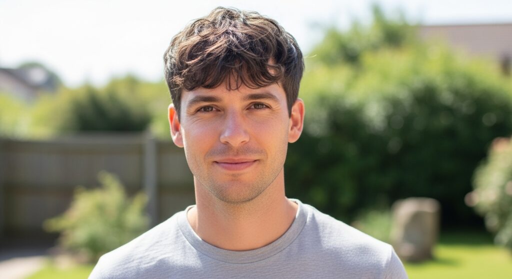 Image idea:

Alt: "Man in simple casual wear showing natural grown-out textured crop without any hair product."