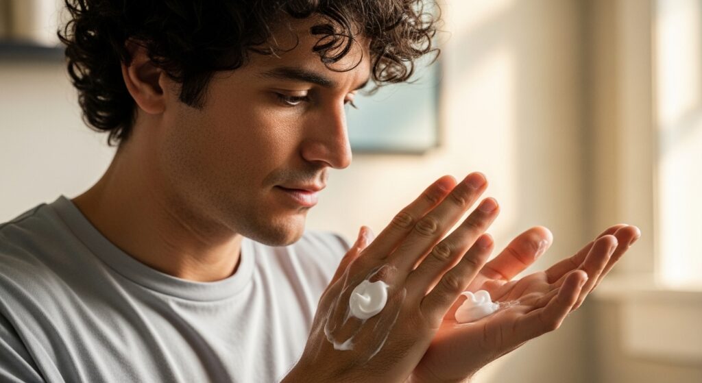 "man using curl cream for perm haircut")